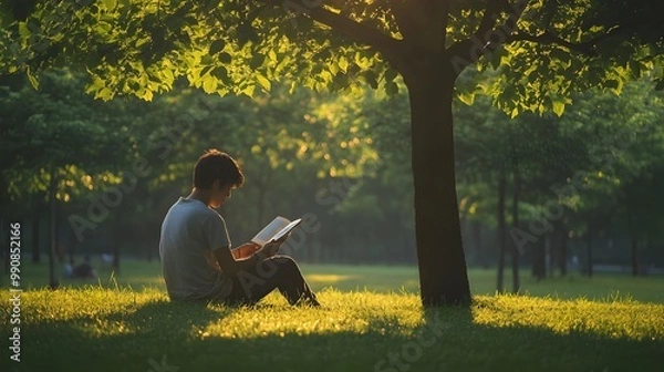 Obraz A photograph of a person sitting outdoors in a park reading a book under the shade of a tree with natural light softly highlighting the serene and peaceful scene isolated on a simple background