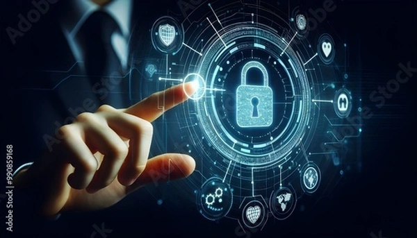 Fototapeta Digital cybersecurity interface with hand pointing at lock icon on dark background.