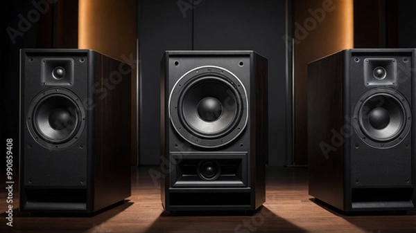 Fototapeta High-quality sound system with three speakers in a modern setup, perfect for audiophiles and music lovers.