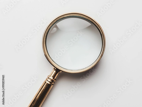 Obraz vintage brass magnifying glass with round lens and wooden handle on white