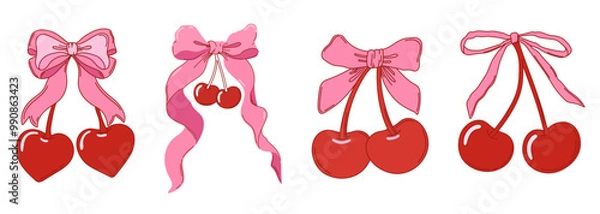 Fototapeta Set of coquette heart-shaped cherries with bow. Various cherry with ribbons. Vector illustration for posters, cards, logo, printing on t-shirt etc.