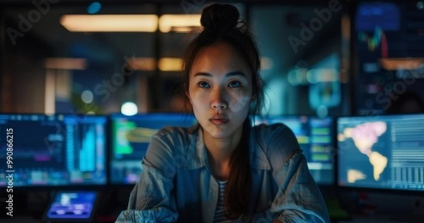 Fototapeta Female software developer working late at night in an office, surrounded by computer screens and lines of code, representing her dedication to the digital world of technology. Shot with a Sony Alpha A