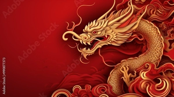 Fototapeta Golden dragon with red background, Chinese suspicious symbol. Neural network ai generated art