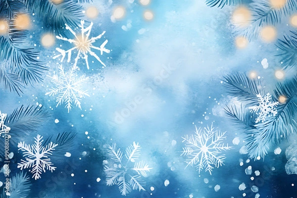 Fototapeta Watercolour Christmas background with delicate snowflakes and glowing fairy lights