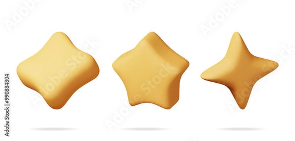 Fototapeta 3D glossy yellow star in different shapes isolated. Reviews round star realistic render collection. Testimonial rating, feedback, survey, quality and review. Achievements or goal. Vector illustration