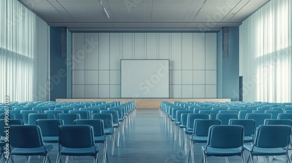 Fototapeta Empty conference room with rows of blue chairs and a stage setup in a minimalist modern building.