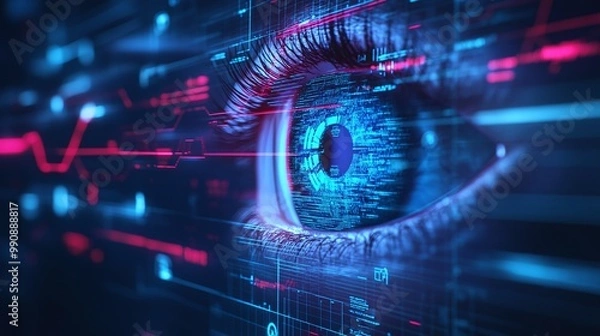 Fototapeta Close-up of a digital eye with vibrant data visuals.