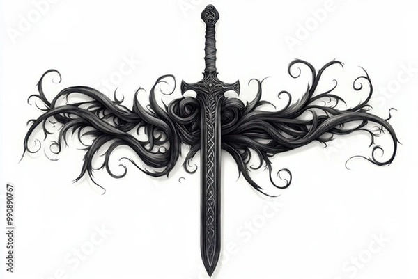 Fototapeta A decorative black sword entwined with intricate vine patterns, symbolizing strength and elegance in an artistic style.