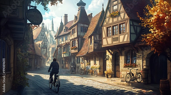 Fototapeta Charming background with a cyclist exploring a picturesque vineyard, featuring rows of grapevines, rolling hills, and a scenic trail