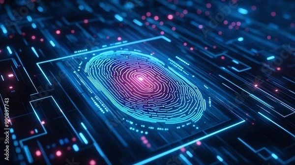 Fototapeta Digital fingerprint, vibrant neon background, technology concept Digital identity privacy.