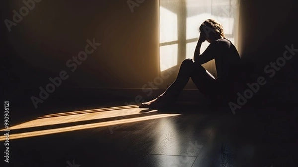 Fototapeta Solitary figure sitting alone in a dimly lit room head resting in hands casting long shadows and evoking a sense of sadness solitude and isolation