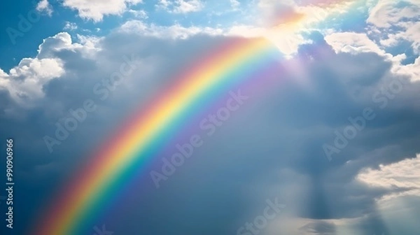 Obraz Vibrant rainbow arching across a cloudy sky during a gentle rainfall with raindrops visible in the air and soft sunlight breaking through the clouds isolated on a serene natural background