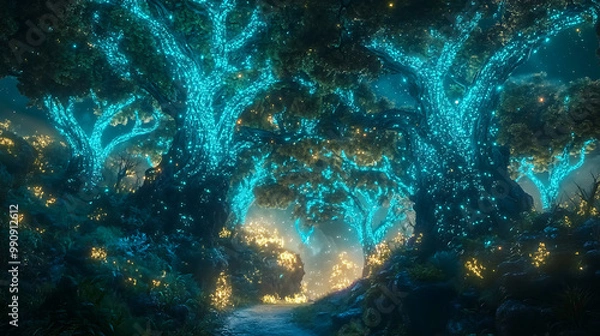 Fototapeta A magical forest with giant, bioluminescent trees, leading to an ethereal, glowing horizon