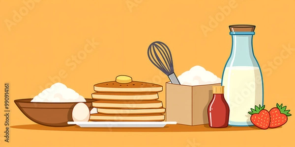 Fototapeta Breakfast scene with pancakes and eggs