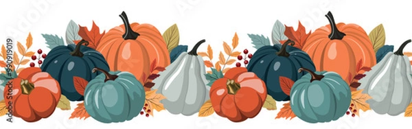 Obraz Colorful autumn pumpkins, berries, and leaves horizontal seamless border pattern. Isolated on white background. Seasonal harvest banner design for greeting or promotion.