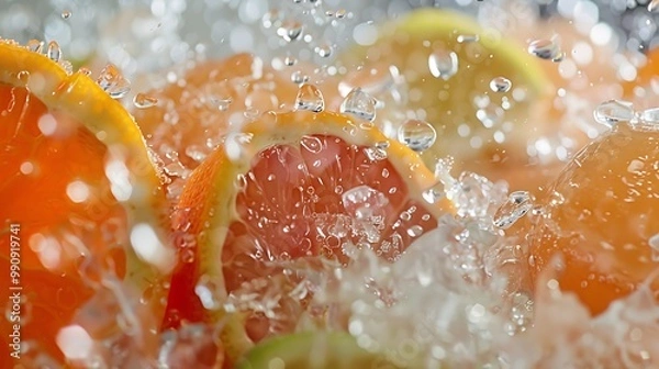 Fototapeta An up close view of a container of citrus fruit punch featuring ice crystals and flying pods of the fruit