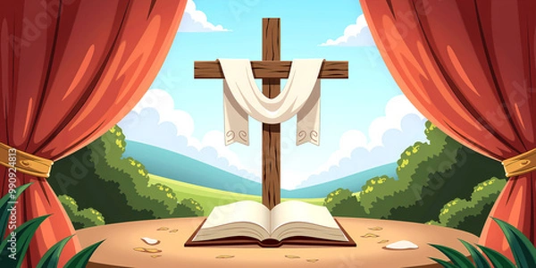 Fototapeta Cross with a draped cloth and a book