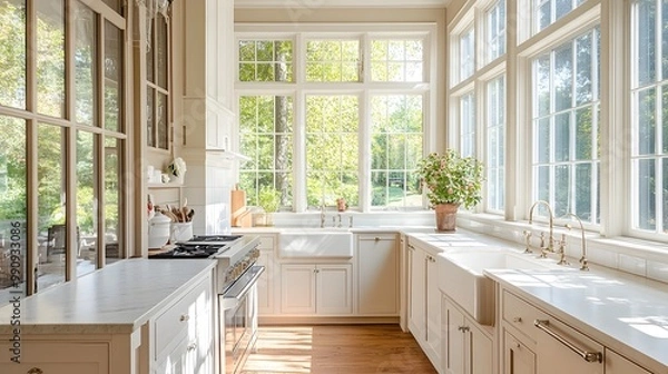 Fototapeta Bright and airy farmhouse inspired kitchen design featuring light colored cabinets a farmhouse sink and a cozy breakfast nook surrounded by large windows that let in plenty of natural light