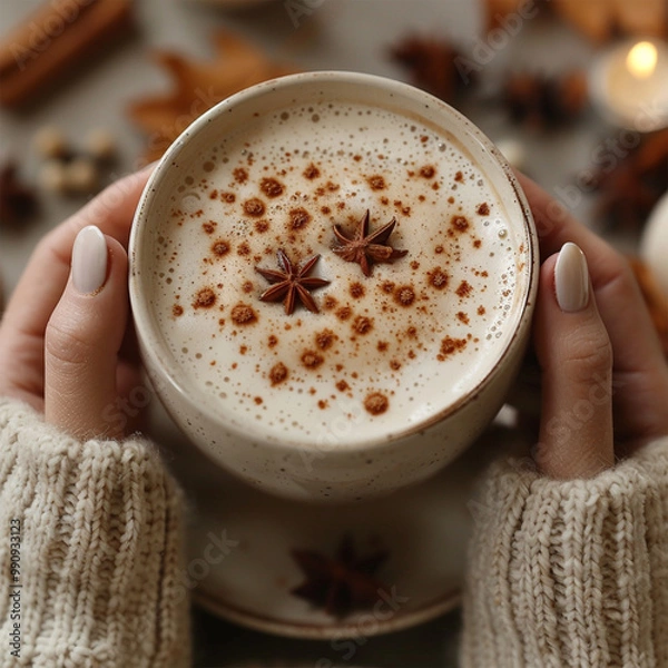 Fototapeta Autumn concept. First person top view shot of woman's hands in sweater holding cinnamon sticks aniseed sparkling drink on isolated beige background. Made with generative ai