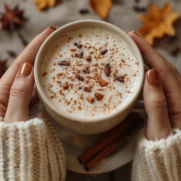Fototapeta Autumn concept. First person top view shot of woman's hands in sweater holding cinnamon sticks aniseed sparkling drink on isolated beige background. Made with generative ai