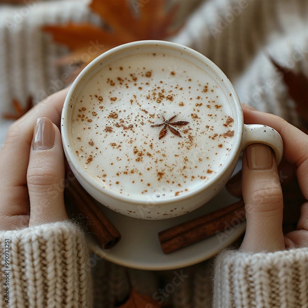 Fototapeta Autumn concept. First person top view shot of woman's hands in sweater holding cinnamon sticks aniseed sparkling drink on isolated beige background. Made with generative ai