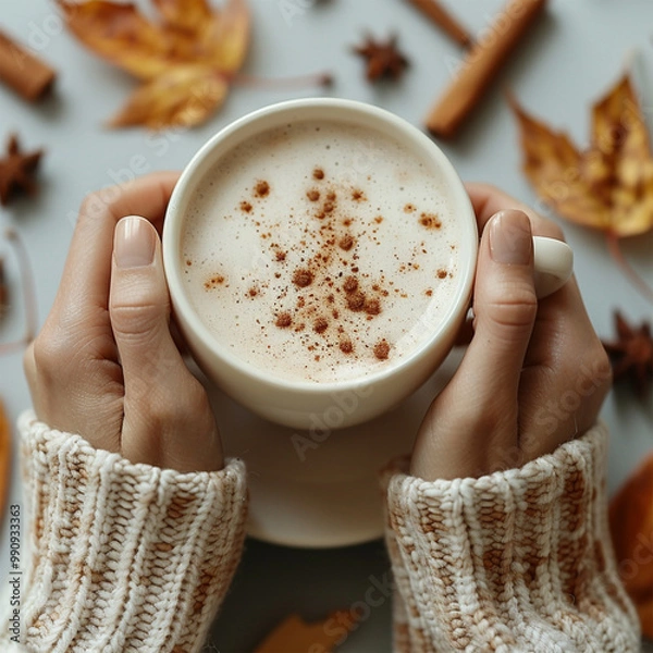 Fototapeta Autumn concept. First person top view shot of woman's hands in sweater holding cinnamon sticks aniseed sparkling drink on isolated beige background. Made with generative ai