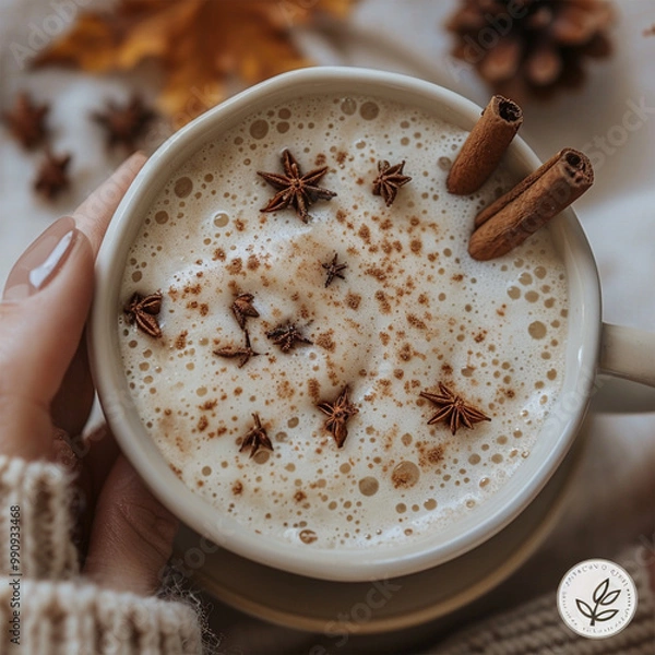 Fototapeta Autumn concept. First person top view shot of woman's hands in sweater holding cinnamon sticks aniseed sparkling drink on isolated beige background. Made with generative ai