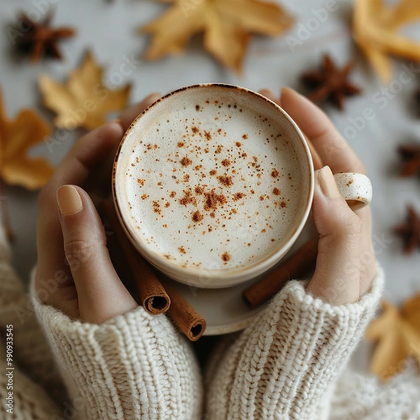Fototapeta Autumn concept. First person top view shot of woman's hands in sweater holding cinnamon sticks aniseed sparkling drink on isolated beige background. Made with generative ai