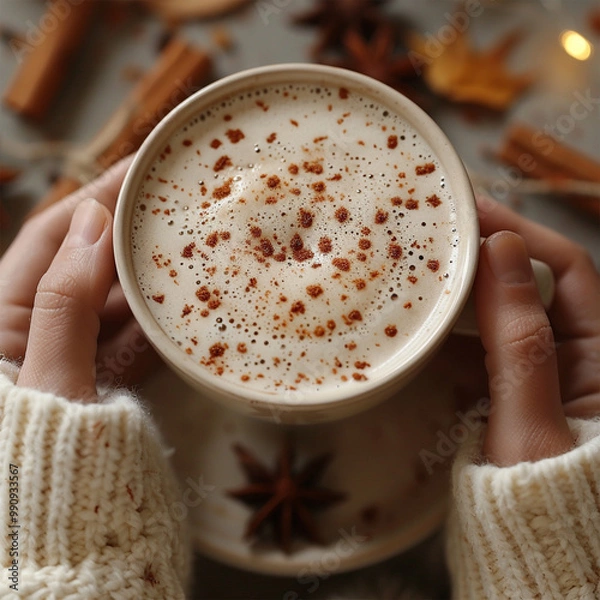 Fototapeta Autumn concept. First person top view shot of woman's hands in sweater holding cinnamon sticks aniseed sparkling drink on isolated beige background. Made with generative ai