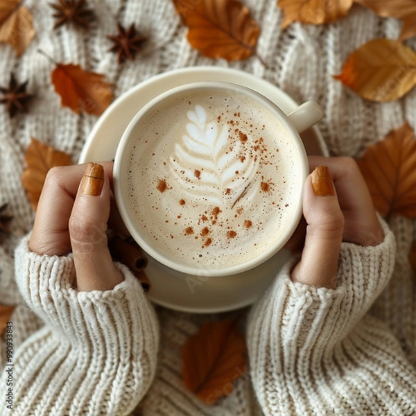 Fototapeta Autumn concept. First person top view shot of woman's hands in sweater holding cinnamon sticks aniseed sparkling drink on isolated beige background. Made with generative ai