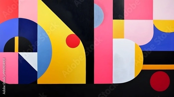 Fototapeta Striking modern abstract geometric painting featuring a dynamic composition of bold shapes and vibrant contrasting colors creating a visually captivating and thought provoking artwork