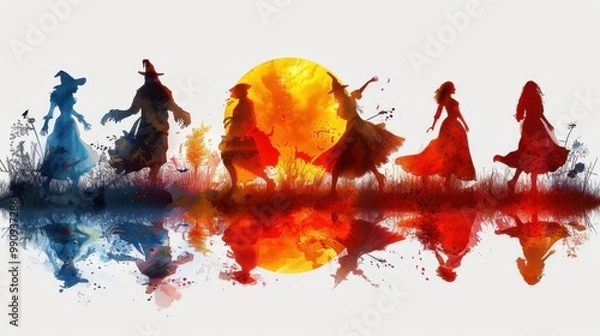 Fototapeta Design Pop Color silhouette illustrations of spooky Halloween The Phantom of the Opera in various activities ,with bold lines and simple design, placed on a white background 