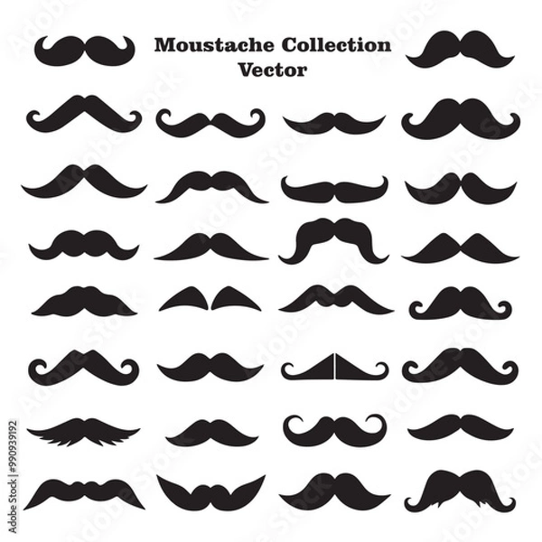 Fototapeta A collection of different black silhouettes of mustaches in various styles and shapes, on a white background