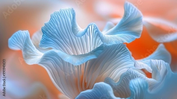 Fototapeta Macro photograph abstract blue mushroom petals soft flowing folds with finely detailed grooves illuminated natural light creating gentle shadows highlights smooth transitions between light pink soft p