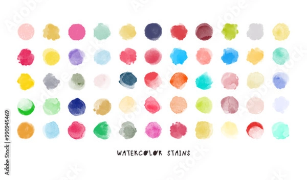 Fototapeta Set of colorful watercolor hand painted round shapes, stains, circles, blobs isolated on white background. Vector elements for creative design