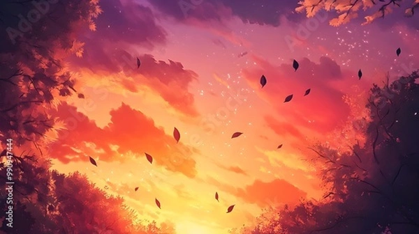 Fototapeta Serene sunset sky painted in warm hues of orange pink and purple with gentle breezes causing the leaves of nearby trees to sway evoking a peaceful and calming evening atmosphere