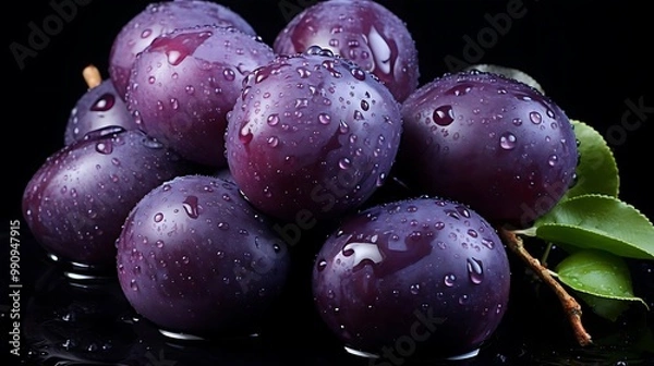 Fototapeta A close-up of fresh purple plums with water droplets on a dark background.