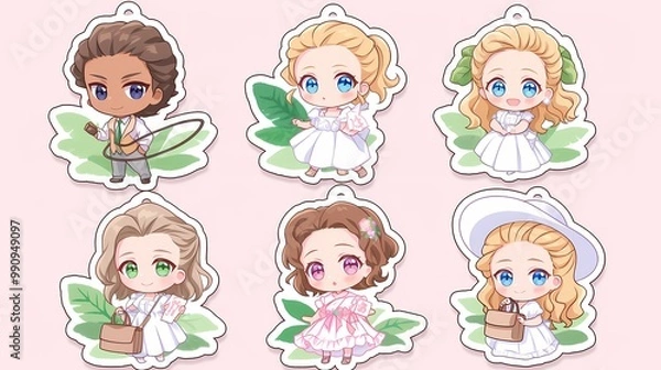 Fototapeta Colorful stickers of anime girls displaying a range of emotions, perfect for merchandise and apps.