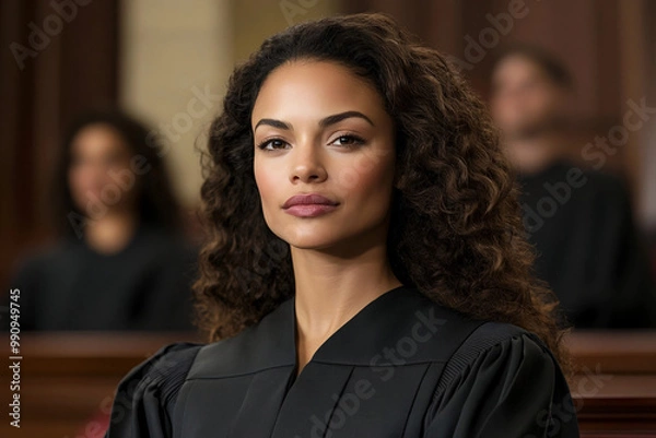 Obraz A confident female Hispanic judge with curly hair wearing a black robe, sitting in a courtroom with a focused expression