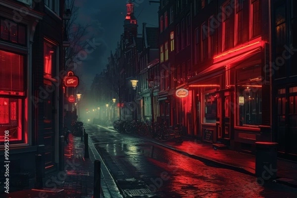 Fototapeta Red and green neon lights illuminating a wet street in the red light district at night
