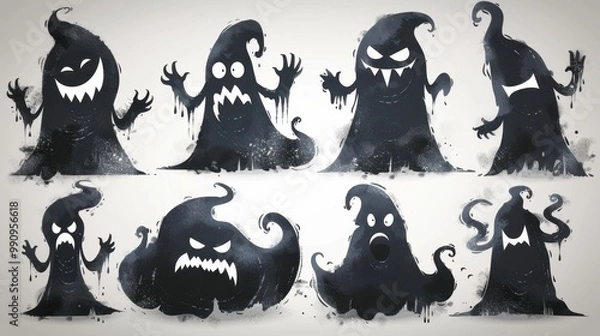 Fototapeta Design black silhouette illustrations of spooky Halloween Slimer (from Ghostbusters) in various activities ,with bold lines and simple design, placed on a white background 