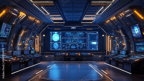 Fototapeta Glamorous background with an advanced space mission control centre, including large screens displaying spacecraft trajectories