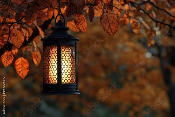 Fototapeta Old haunted lantern hanging from a tree branch, glowing softly, surrounded by autumn leaves, close-up, eerie and warm, soft shadows, closes up