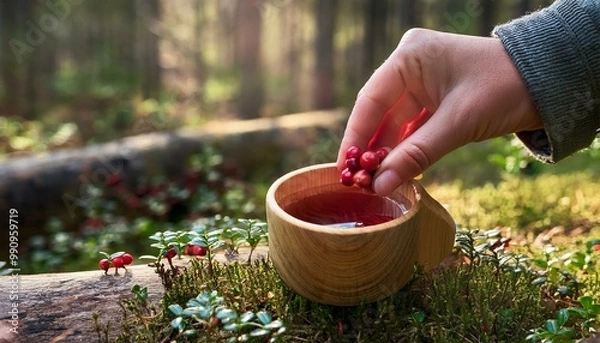 Obraz human-hand-puts-fresh-lingonberries-in-a-wooden-mug-of-tea-in-forest.