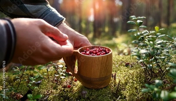 Obraz human-hand-puts-fresh-lingonberries-in-a-wooden-mug-of-tea-in-forest.