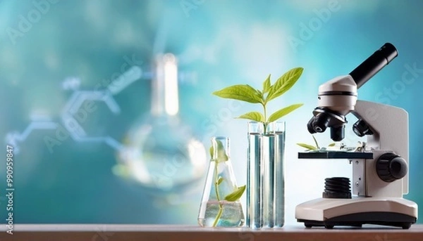Fototapeta Microscope-and-a-young-plant-in-a-test-tube_-symbolizing-biochemistry-and-biotechnology-research