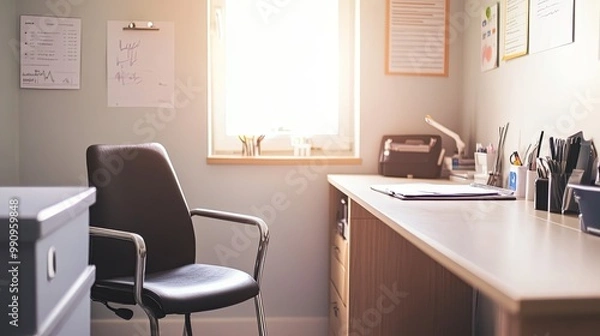 Fototapeta Serene Empty Doctor's Office with Clean Desk, Neatly Arranged Medical Instruments, and Empty Chair, Reflecting a Calm Healthcare Ambiance