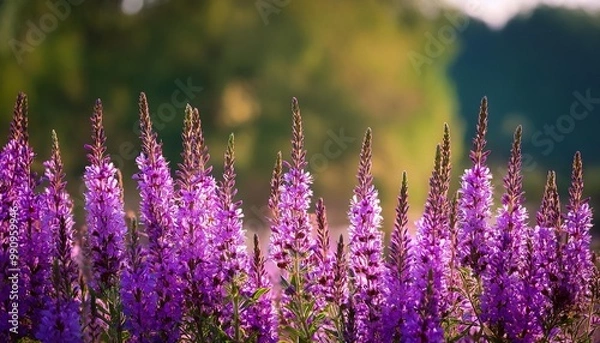 Fototapeta Purple loosestrife flowers belonging to the Lythrum salicaria species in the Lythraceae family are positioned horizontally in the image with copy space