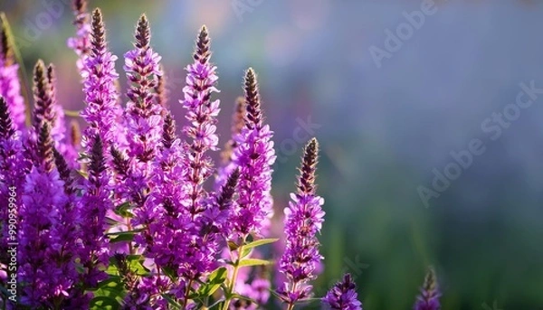 Fototapeta Purple loosestrife flowers belonging to the Lythrum salicaria species in the Lythraceae family are positioned horizontally in the image