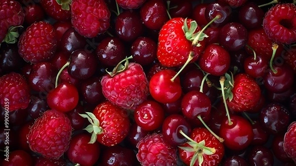 Fototapeta Berries used to make red cherry sauce raspberries and berries